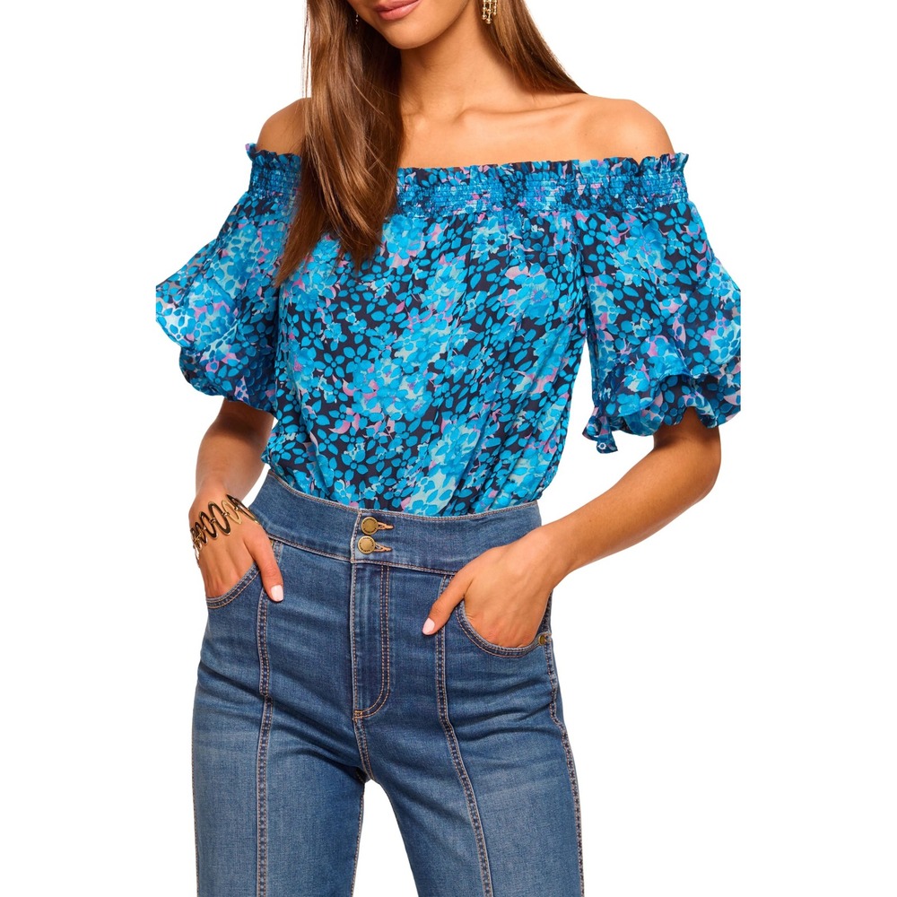 NWT Ramy Brook Fiona Floral Off The Shoulder Top XL Blue Petal Boho Luxury